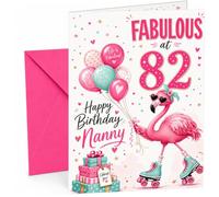 Nanny 82nd Birthday Card Flamingo on Roller Skates & Balloons | Large A5 Card with Printed Inside Message; Cheerful flamingo-on-roller-skates with pastel balloons for Nanny 82nd Birthday