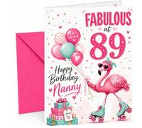 Nanny 89th Birthday Card Flamingo on Roller Skates & Balloons | Large A5 Card with Printed Inside Message; Cheerful flamingo-on-roller-skates with pastel balloons for Nanny 89th Birthday