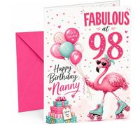 Nanny 98th Birthday Card Flamingo on Roller Skates & Balloons | Large A5 Card with Printed Inside Message; Cheerful pink flamingo on roller skates with balloons for Nanny 98th Birthday