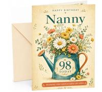 Nanny 98th Birthday Card Floral Watering Can Bouquet | Large A5 Card with Printed Inside Message; Teal watering can filled with colourful daisies for Nanny 98th Birthday
