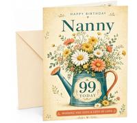 Nanny 99th Birthday Card Watering Can Daisy Wildflower Bouquet | Large A5 Card with Printed Inside Message; Teal watering can filled with daisies and wildflowers for Nanny 99th Birthday