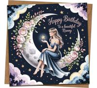 Nanny Birthday Card - 145mm x 145mm Square with Kraft Envelope, Happy Birthday To a Beautiful Nanny, Celestial Moon & Floral Illustration