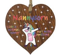 Nanny Birthday Gift for Her - Nannycorn - Wooden Heart Plaques, Dark Wood Sign Keepsake, Funny Nan Happy Birthday Plaque Nannie Gifts Unicorn Awesome Nanny Present from Granson Granddaughter