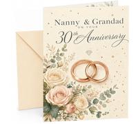 Nanny & Grandad 30th Anniversary Card Rose Gold Rings & Roses | Large A5 Card with Printed Inside Message; Cream floral with watercolour roses for Nanny & Grandad 30th Anniversary