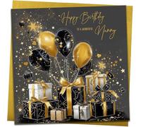 Nanny Happy Birthday Card | Stylish Gold & Black Gift & Balloons | Complete with Metallic Gold Envelope
