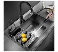 Nano 304 Stainless Steel Kitchen Sink Single Bowl Bar Sink with Pull Down Faucet & Drain Assembly Top Or Undermount Installation Black 68X45X20Cm-Noir-55x45x20cm