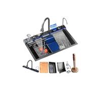 Black Nano Kitchen Sink 304 Stainless Steel Waterfall Sink Single Bowl Workstation Kitchen Sink with Multifunctional Digital Display Fly Rain Pull-Out Faucet