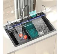 Black Nano Kitchen Sink 304 Stainless Steel Waterfall Sink Single Bowl Workstation Kitchen Sink with Multifunctional Digital Display Fly Rain Pull-Out Faucet
