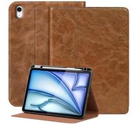 NANRUIL Case for iPad Air 6th/7th Gen 11 Inch M2/M3 2024/2025 and iPad Air 5th/4th Gen 10.9 Inch 2022/2020 Genuine Leather Tablet Protective Case Cover, with Pen Holder and Car Wake/Sleep, Khaki