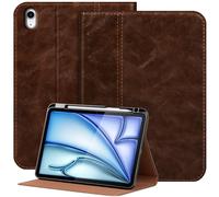 NANRUIL Case for iPad Air 6th/7th Gen 11 Inch M2/M3 2024/2025 and iPad Air 5th/4th Gen 10.9 Inch 2022/2020 Genuine Leather Tablet Protective Case Cover, with Pen Holder and Car Wake/Sleep, Dark Brown