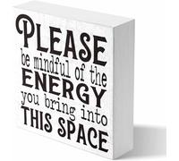 NANVIER 5x5 Inch Please Be Mindful Of The Energy Wooden Box Signs,Rustic Wood Box Sign Desk Decor,Wooden Plaque For Bookshelves Tables Bedrooms Office Classroom Decorations For Women Man