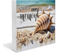 NANVIER Beach Shell Wooden Block Sign Desk Décor Desk Cubicle Table Shelf Tabletop Décor, Enjoy Every Moment Summer Beach Theme Wood Box Sign 5"x5"