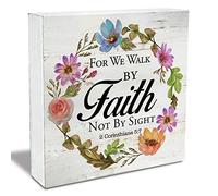 NANVIER Bible Verse 2 Corinthians 5:7 Wood Box Sign Rustic for We Walk by Faith Not by Sight Scripture Wooden Box Sign Christian Home Office Desk Shelf Decor (5 X 5 Inch)
