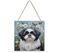 NANVIER Black White Shih Tzu With Flower Hanging Wood Plaque with Rope, Gifts for Women Men - Cute Dog Wood Sign, Wall Art Home Office Farmhouse Bedroom Living Room Door Shelf Decor 12x12 inches