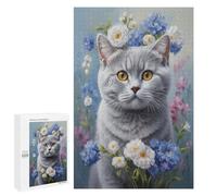 NANVIER British Shorthair Cat With Flower Oil Painting 1000-Piece Puzzle for Adults - Jigsaw Puzzle Featuring Playful Canine Companions,Wooden,Customized