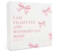 NANVIER Coquette Pink Bow Wood Box Sign 5x5 Inches,Christian I Am Fearfully And Wonderfully Made Wood Box Sign,Christian Bible Verses Signs For Home House Desk Table Shelf,Faith Decor For Women