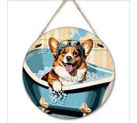 NANVIER Corgi Wash Your Paws Funny Bathroom Decor 30x30 cm,Round Hanging Wood Sign Dog Wooden Wall Art Decorations Dog Picture for Indoor Home Decor Housewarming Gifts Dog Gifts
