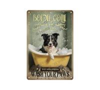 NANVIER Funny Border Collie Wash Your Paws Tin Sign for Dog Lovers - Rustic Metal Bathroom Decor for Pet Owners, Dog Moms, Farmhouse Laundry Room, Entryway or Powder Room Wall Art 8x12 inch