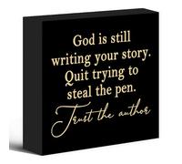 NANVIER God Is Still Writing Your Story Black Yellow Wood Box Sign Desk Decor 5X5, Christian Scripture Bible Verse Prayer Room Decor Block Sign Decorations for Home Office Wall Tabletop Shelf