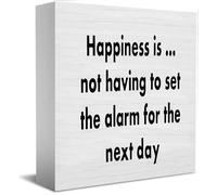 NANVIER Happiness Is..Not Having To Set The Alarm For The Next Wooden Box Sign Decorative Funny Bathroom Wood Box Sign Home Decor Rustic Farmhouse Square Desk Decor Sign For Shelf 5 X 5 Inches