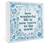NANVIER How Wonderful Life Is Now You're in the World Wood Box Sign 5×5 Inches, Boho Floral Wood Sign for Nursery Kids Boy Girl Newborn Teen Bedroom Home Desk Tabletop Shelf Decor