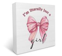 NANVIER I'm Literally Just a Girl Preppy Pink Bow Wooden Box Sign, Coquette Girly Wood Box Decorations for Teen Girls Room Dorm, Pink Ribbon Wooden Block Plaque Desk Shelf Decor Accents 5x5 Inch