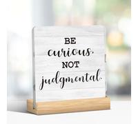 NANVIER Inspirational Be Curious Not Judgmental Wooden Box Sign Office Desk Decor 5 x 5 Inches Motivational Wood Box Sign Decorative Rustic Farmhouse Decor
