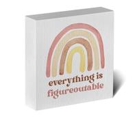 NANVIER Motivational Rainbow Artwork Wood Box Sign Rustic Farmhouse Style Everything is Figureoutable Wood Block Plaque 5 X 5 Inches Home Office Desk Sign Decor for Presents