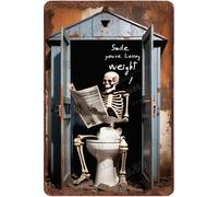 NANVIER Retro Metal Sign Skeleton Wall Art Vintage Aluminum Sign Skeleton Reading Newspaper On The Toilet Gothic Home Decor Wall Art for Halloween Gallery Wall Home Bathroom Decor 12"x8"