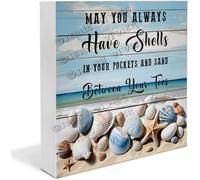 NANVIER Shell, Conch, And Starfish May You Always Have Shells In Your Pockets And Sand Between Your Toes Wooden Box Sign Inspiration Quote Gifts Table Centerpieces Wood Block Signs 7x7 in