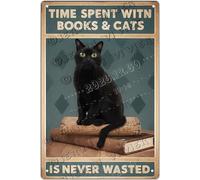 NANVIER Time Spend With Books and Cats Is Never Wasted Vintage Metal Tin Signs Cats Decor, Pics With Books And Cats, Book Lovers Gifts, Black Cat Wall Art 5.5x8 Inches
