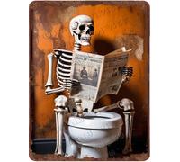 NANVIER Vintage Skull Metal Wall Art Retro Skeleton Reading Newspaper On The Toilet Tin Sign Happy Halloween Picture Art for Home Bathroom Man Cave Cafes Club Pub Decor 12"x16"