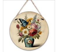 NANVIER Wildflower Hanging Wood Sign 30x30 cm,Round Vintage Wooden Sign Garden Sign Antique Plaque Poster Bedroom Home Wall Decor