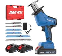 NANWEI Reciprocating Saw 20V, Brushless Motor,Cordless Reciprocating Saw with 2PCS Batteries & Charger, 0-3500 SPM Variable Speed Electric Saw, with 6PCS Saw Blades for Wood Metal PVC Cutting