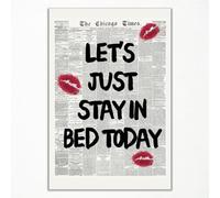 Nanxiwofee Lets Stay In Bed Romantic Wall Art, Funky Couples Above Bed Wall Decor, Trendy Kiss Lips Mark Poster Canvas, Black White Newspaper Art Aesthetic Apartment Decor 12x16in Unframed