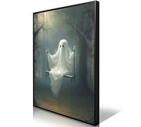 Nanxiwofee Vintage Cute Ghost Canvas Wall Art, Framed Funny Ghost on A Swing in The Forest Aesthetic Poster, Gothic Dark Academia Wall Decor, Creepy Spooky Abandoned Art Halloween Pictures 12x16in