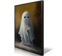Nanxiwofee Vintage Cute Ghost Canvas Wall Art, Framed Funny Ghost with Yellow Flower Aesthetic Poster, Gothic Dark Academia Wall Decor, Little Spooky Abandoned Art Halloween Pictures 12x16in