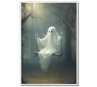 Nanxiwofee Vintage Cute Ghost Canvas Wall Art, Funny Ghost on A Swing in The Forest Aesthetic Poster, Gothic Dark Academia Wall Decor, Creepy Spooky Abandoned Art Halloween Pictures 12x16in Unframed