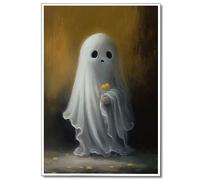 Nanxiwofee Vintage Cute Ghost Canvas Wall Art, Funny Ghost with Yellow Flower Aesthetic Poster, Gothic Dark Academia Wall Decor, Little Spooky Abandoned Art Halloween Pictures 12x16in Unframed