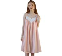 Nanxson Women Cotton Victorian Nightgown V Neck Sleeveless Lace Nightdress Adjustable Spaghetti Strap Nightie (Large,Pink)