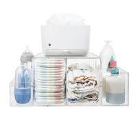 NANYEZH Acrylic Diaper Caddy, Baby Wipes Organizer for Changing Table, Dresser Top Tabletop Organizer with 4 Detachable Compartments, Anti-slip Rubber Feet, Newborn Baby Essentials, Clear