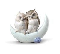 NAO Love Story Owl Couple Figure in Glossy Porcelain and Pastel Tones. Decorative Figure of a Couple of Owls on top of a Crescent