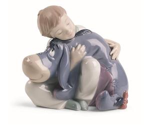 NAO Dreams With Eeyore. Decorative Figurine of a Child with Eeyore, Character from Winnie the Pooh by Disney, in Gloss Porcelain. Ornamental Sculpture in Pastel Tones for Home Decoration
