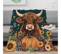 NAOFEKUID 3D Printed Autumn Highland Cow Blanket Microfiber Home Decor Sunflower Pumpkin Throw Blanket for Sofa Bedroom Use 40x50(100x130cm)