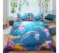 NAOFEKUID 3D Printed Ocean Dolphin Jellyfish Design Microfiber Duvet Cover Set Bedroom Decor Underwater Animal Bedding Soft Breathable for Adults Double（200x200cm）