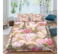 NAOFEKUID Chic 3D Printed Paris Duvet Cover Microfiber Soft Bedroom Decor Rose Butterfly Bedding Set for Adults Teens Stylish Home Gift Single（140x200cm）