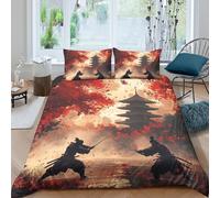 NAOFEKUID Samurai Sakura 3D Printed Duvet Cover Microfiber Japanese Style Bedroom Decor Warrior Bedding Set for Adults Teens Single（135x200cm）