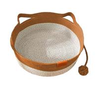 Napacoh Handwoven Cat Basket Bed with Cat Ear Handles, Cotton Rope Round Pet Basket with Hanging Knotted Ball, Boho Indoor Cats Sleeping Nest House Brown M