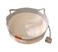 Napacoh Handwoven Cat Basket Bed with Cat Ear Handles, Cotton Rope Round Pet Basket with Hanging Knotted Ball, Boho Indoor Cats Sleeping Nest House Grey M