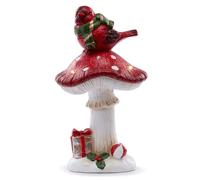 Napco 15 inch LED Lighted Cardinal Bird on Vibrant Red Mushroom Figurine Whimsical Christmas Tabletop Decor